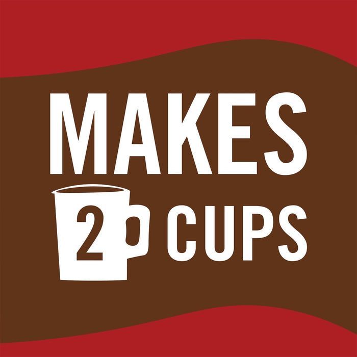 A white graphic on a brown background that says MAKES 2 CUPS with a coffee cup icon.