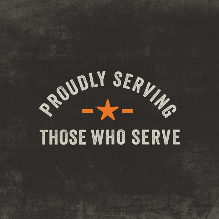 A graphic for Mission Bbq Memphis Belle 15.5 Oz features the arched text PROUDLY SERVING above an orange star design and the text THOSE WHO SERVE, all on a dark textured background.