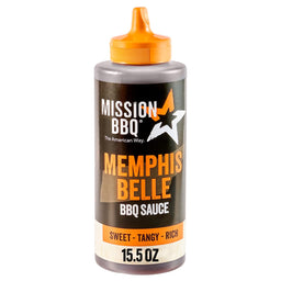 A bottle of Mission Bbq Memphis Belle 15.5 Oz BBQ sauce, described as sweet, tangy, and rich, stands upright.