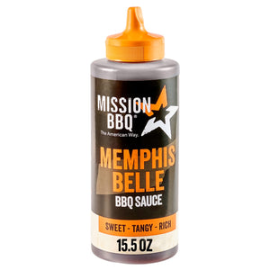 A bottle of Mission Bbq Memphis Belle 15.5 Oz BBQ sauce, described as sweet, tangy, and rich, stands upright.
