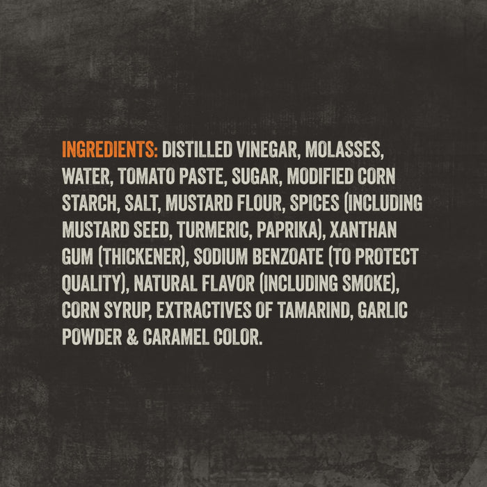 This image presents the full ingredients list for Mission Bbq Memphis Belle 15.5 Oz, featuring distilled vinegar, molasses, tomato paste, sugar, various spices, natural smoke flavor, and caramel color.