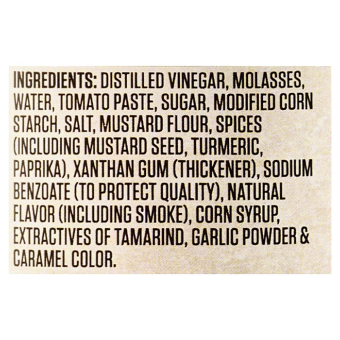 The image shows the ingredient list for a food product, including items like distilled vinegar, molasses, and spices.