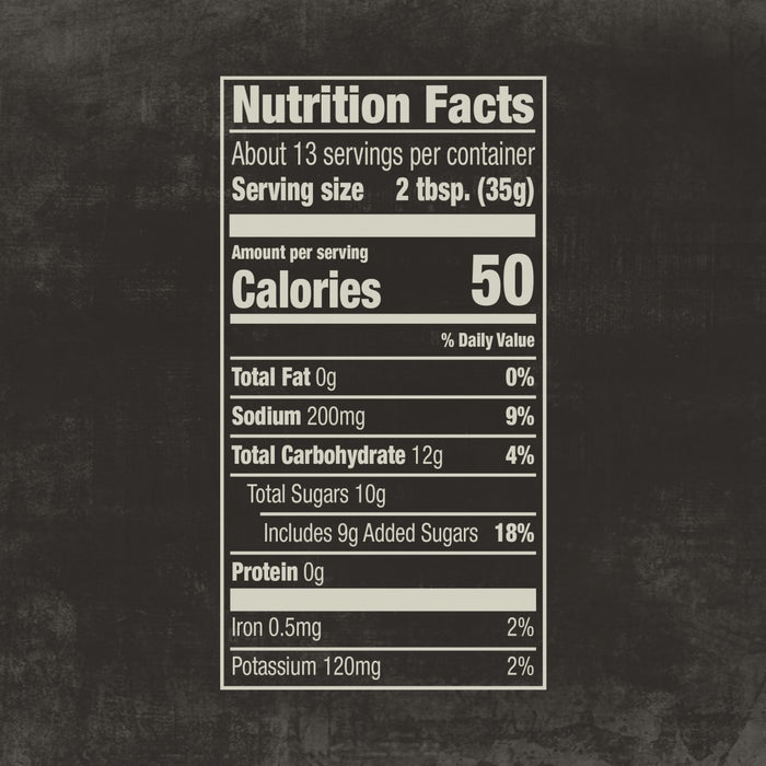 A nutrition facts label for Mission Bbq Memphis Belle 15.5 Oz, detailing 50 calories, 0g total fat, 200mg sodium, 12g total carbohydrate with 9g added sugars, and 0g protein per 2 tbsp serving.