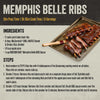 A recipe for Memphis Belle Ribs, featuring McCormick GRILL MATES Sweet &amp; Smoky Rub and the Mission Bbq Memphis Belle 15.5 Oz BBQ Sauce, is displayed next to a tray of glazed, cooked ribs.