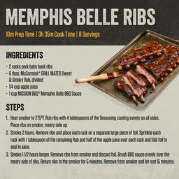 A recipe for Memphis Belle Ribs, featuring McCormick GRILL MATES Sweet &amp; Smoky Rub and the Mission Bbq Memphis Belle 15.5 Oz BBQ Sauce, is displayed next to a tray of glazed, cooked ribs.