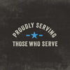 A graphic for Mission Bbq Blue Ridge Smoky Mountain 15 Oz, featuring the arched white text 'PROUDLY SERVING' above a blue star flanked by two blue horizontal lines, and the white text 'THOSE WHO SERVE' below, all on a dark, distressed background.
