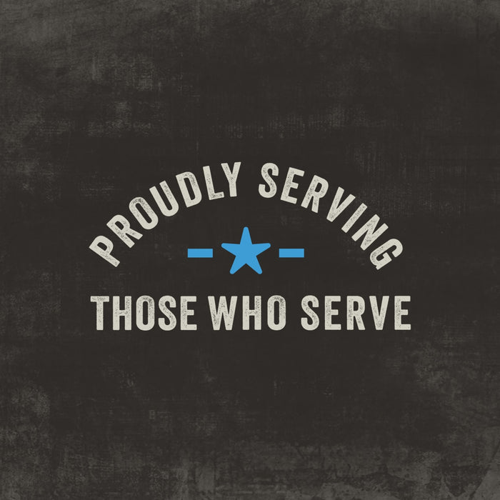 A graphic for Mission Bbq Blue Ridge Smoky Mountain 15 Oz, featuring the arched white text 'PROUDLY SERVING' above a blue star flanked by two blue horizontal lines, and the white text 'THOSE WHO SERVE' below, all on a dark, distressed background.