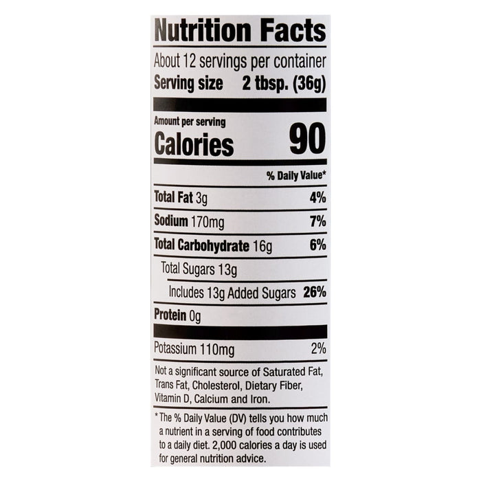 This is a nutrition facts label showing a serving size of 2 tablespoons (34g) with 90 calories, 2g total fat, 170mg sodium, 16g total carbohydrates, 13g total sugars, and 1g protein.
