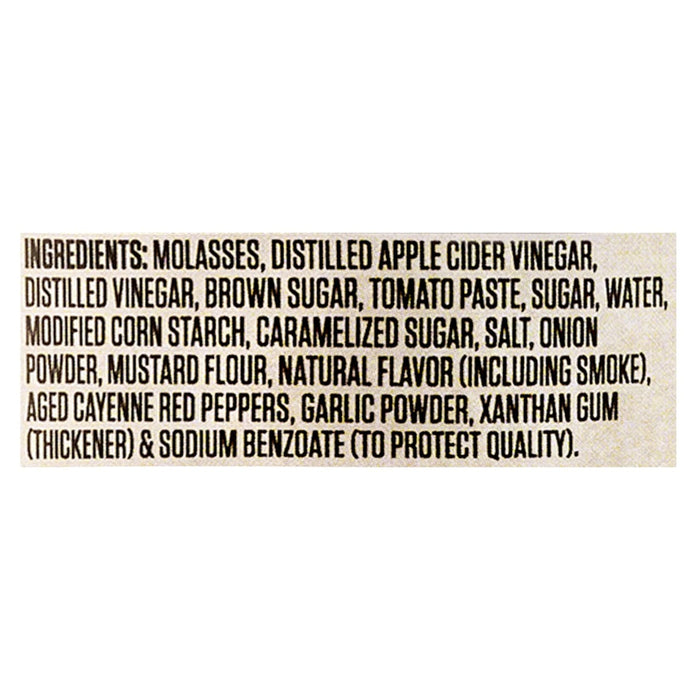 The image shows a list of ingredients including molasses, distilled apple cider vinegar, distilled vinegar, brown sugar, tomato paste, sugar, water, modified corn starch, caramelized sugar, salt, onion powder, mustard flour, natural flavor including smoke, aged cayenne red peppers, garlic powder, xanthan gum thickener, and sodium benzoate to protect quality.