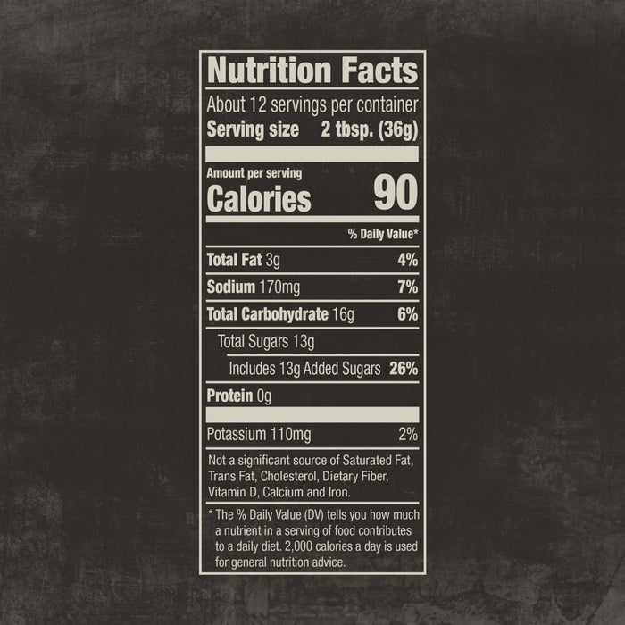 The nutrition facts label for Mission Bbq Blue Ridge Smoky Mountain 15 Oz is displayed, showing 90 calories, 3g total fat, 170mg sodium, 16g total carbohydrates, 13g total sugars including 13g added sugars, 0g protein, and 110mg potassium per serving.