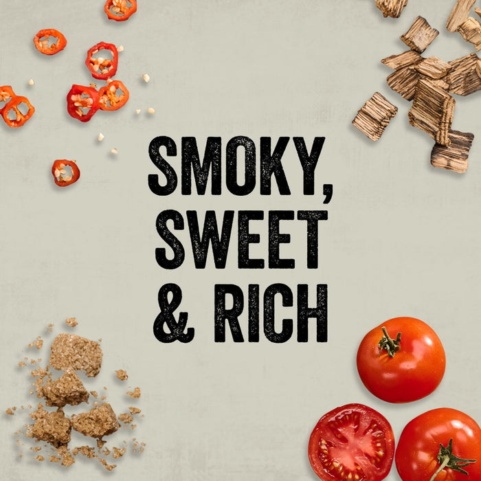 The smoky, sweet, and rich flavor profile of Mission Bbq Blue Ridge Smoky Mountain 15 Oz is illustrated with chili peppers, wood chips, brown sugar, and tomatoes.