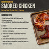 A recipe card for Smoky Mountain Smoked Chicken, detailing ingredients including McCormick Grill Mates Barbecue Rub and Mission Bbq Blue Ridge Smoky Mountain 15 Oz sauce, with cooking steps and a photo of the finished, glazed chicken leg quarters.
