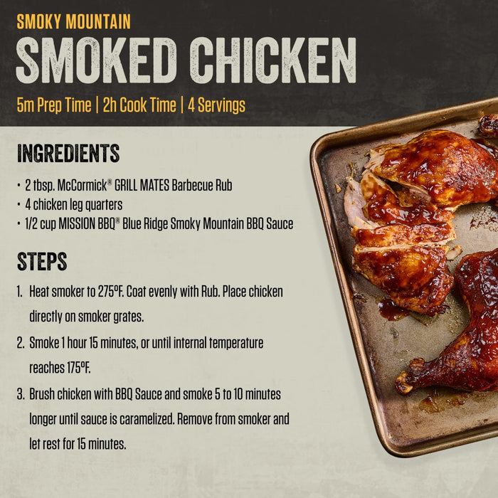 A recipe card for Smoky Mountain Smoked Chicken, detailing ingredients including McCormick Grill Mates Barbecue Rub and Mission Bbq Blue Ridge Smoky Mountain 15 Oz sauce, with cooking steps and a photo of the finished, glazed chicken leg quarters.
