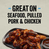 A plate of glazed chicken wings and a side of sauce, with text indicating that Mission Bbq Blue Ridge Smoky Mountain 15 Oz is great on seafood, pulled pork, and chicken