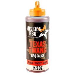 A single Mission Bbq Texas Twang Bold Barbecue Sauce Plastic Squeeze Bottle 14.5 Oz is shown against a plain white background.
