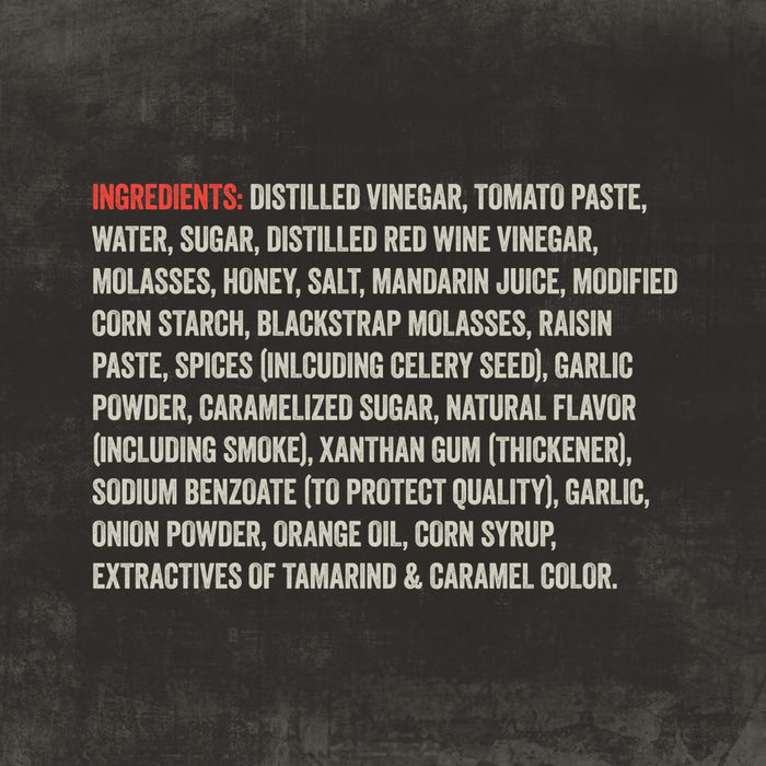 The nutritional label for a bottle of Mission Bbq Texas Twang Bold Barbecue Sauce Plastic Squeeze Bottle 14.5 Oz lists ingredients such as distilled vinegar, tomato paste, and sugar.