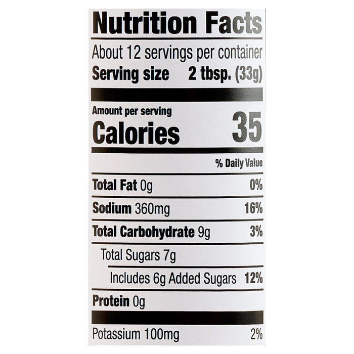 A nutrition facts label shows that a serving size of 2 tablespoons contains 35 calories, 0g of fat, 260mg of sodium, 9g of carbohydrates, 7g of total sugars, 6g of added sugars, and 0g of protein.