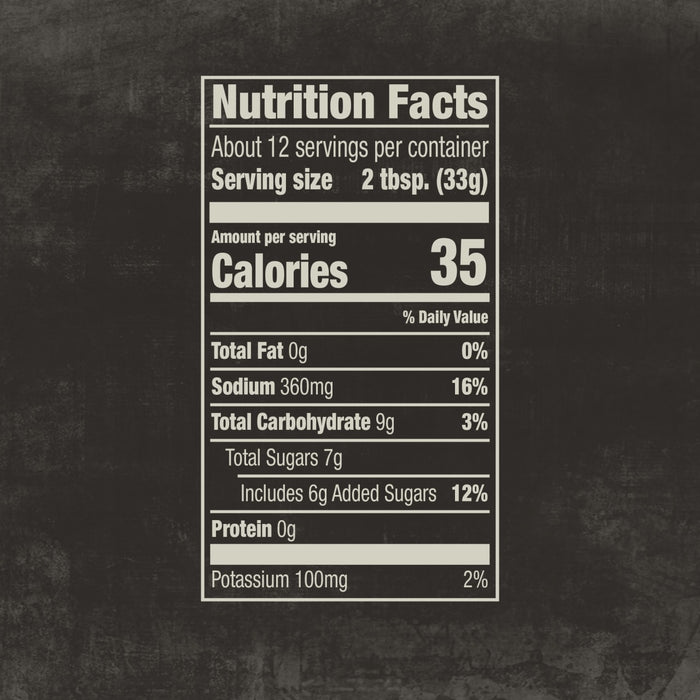 An infographic of the nutrition facts label for Mission Bbq Texas Twang Bold Barbecue Sauce Plastic Squeeze Bottle 14.5 Oz, showing it has 35 calories per serving.