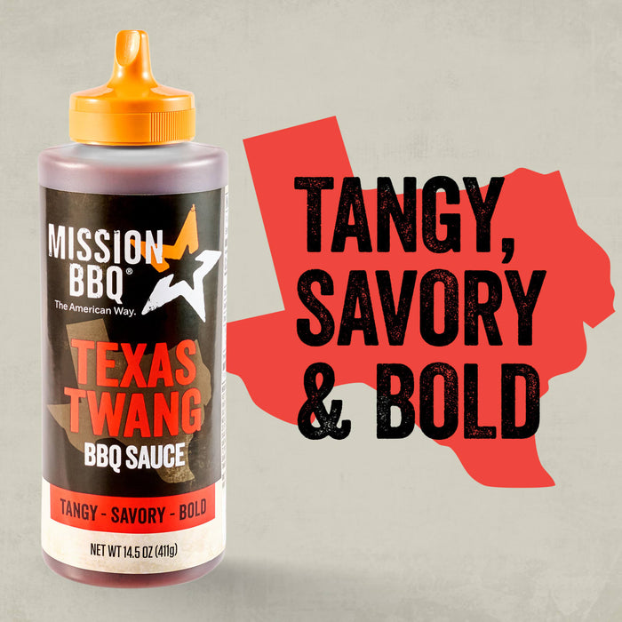 A bottle of Mission Bbq Texas Twang Bold Barbecue Sauce Plastic Squeeze Bottle 14.5 Oz is shown next to a red outline of Texas with the words Tangy, Savory &amp; Bold.