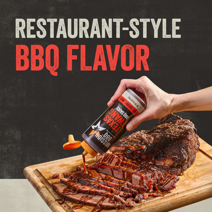 A hand pours Mission Bbq Texas Twang Bold Barbecue Sauce Plastic Squeeze Bottle 14.5 Oz over freshly sliced brisket on a wooden cutting board to showcase its restaurant-style flavor.