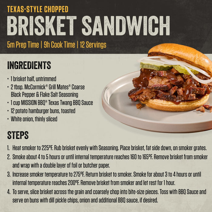 An infographic recipe for a Texas-style chopped brisket sandwich, which uses McCormick Grill Mates Coarse Black Pepper &amp; Flake Salt Seasoning and a bottle of Mission Bbq Texas Twang Bold Barbecue Sauce Plastic Squeeze Bottle 14.5 Oz.