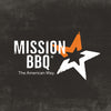 The logo for Mission BBQ, which is featured on the Mission Bbq Kc Classic Bold Barbecue Sauce Plastic Squeeze Bottle 16 Oz, is displayed against a dark textured background.