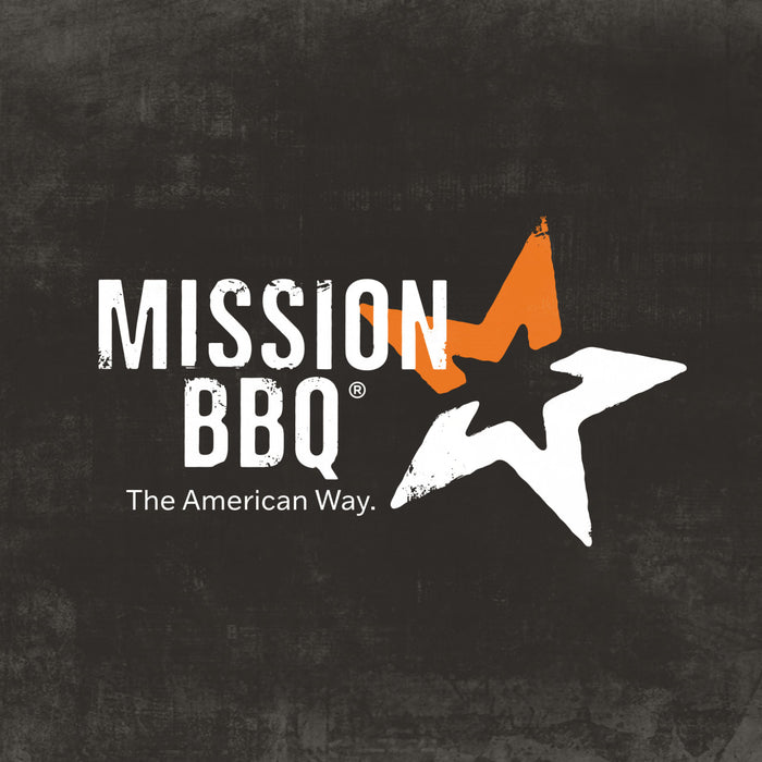 The logo for Mission BBQ, which is featured on the Mission Bbq Kc Classic Bold Barbecue Sauce Plastic Squeeze Bottle 16 Oz, is displayed against a dark textured background.