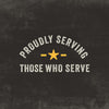 A graphic illustration with the text Proudly Serving Those Who Serve, representing the brand ethos for products like the Mission Bbq Kc Classic Bold Barbecue Sauce Plastic Squeeze Bottle 16 Oz.