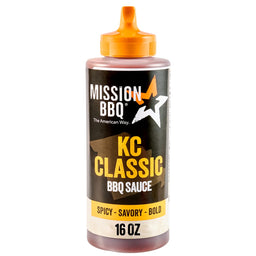A front-facing product shot shows the Mission Bbq Kc Classic Bold Barbecue Sauce Plastic Squeeze Bottle 16 Oz against a white background.