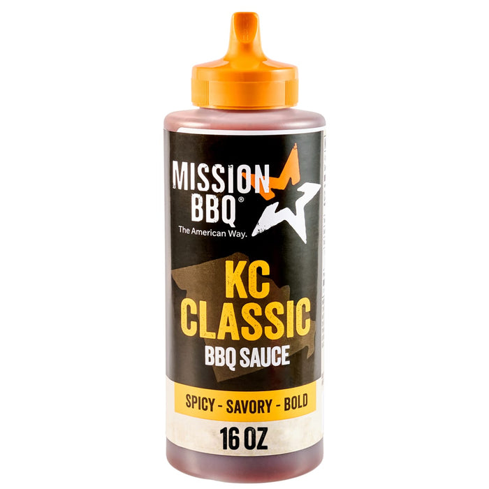 A front-facing product shot shows the Mission Bbq Kc Classic Bold Barbecue Sauce Plastic Squeeze Bottle 16 Oz against a white background.