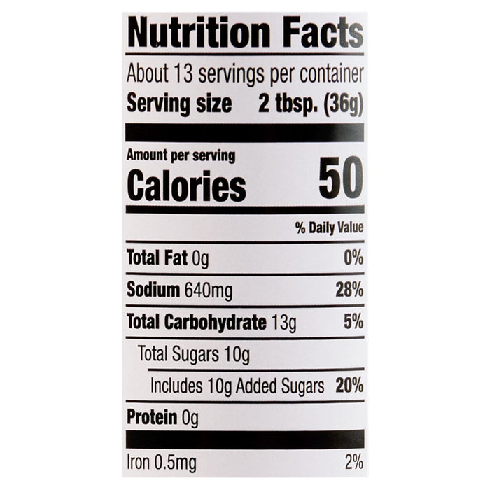 This is a nutrition facts label showing that a serving size of 2 tablespoons contains 50 calories, 13g of carbohydrates, and 10g of total sugars.