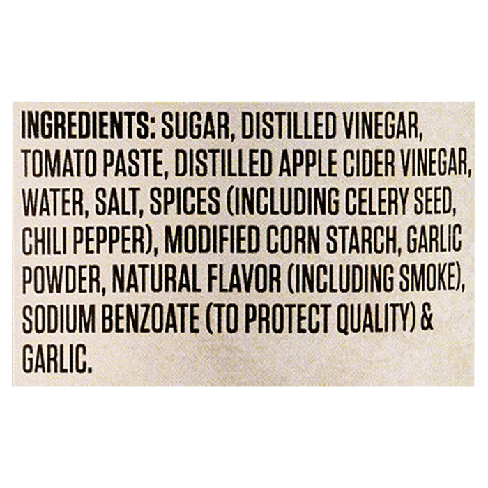 The image shows the ingredient list for a food product, including sugar, vinegar, tomato paste, spices, and garlic.
