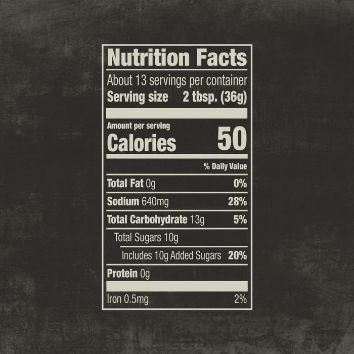 The nutrition facts label for Mission Bbq Kc Classic Bold Barbecue Sauce Plastic Squeeze Bottle 16 Oz shows that a 2 tablespoon serving contains 50 calories, 640mg of sodium, and 10g of total sugars.