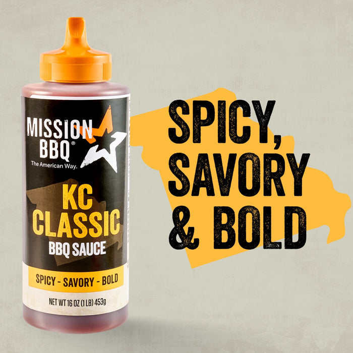 A product shot of the Mission Bbq Kc Classic Bold Barbecue Sauce Plastic Squeeze Bottle 16 Oz is displayed next to large, stylized text reading Spicy, Savory &amp; Bold to emphasize its flavor.