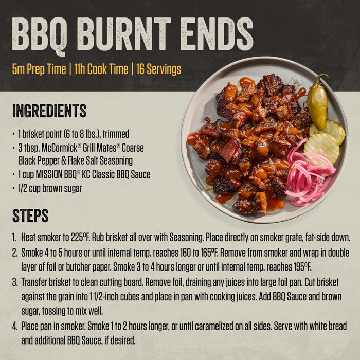 An infographic recipe card for BBQ Burnt Ends lists McCormick Grill Mates Seasoning and Mission Bbq Kc Classic Bold Barbecue Sauce Plastic Squeeze Bottle 16 Oz as key ingredients, next to a finished plate of the dish.