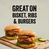 Two juicy burgers on a wooden board demonstrate how the Mission Bbq Kc Classic Bold Barbecue Sauce Plastic Squeeze Bottle 16 Oz is great on brisket, ribs, and burgers.