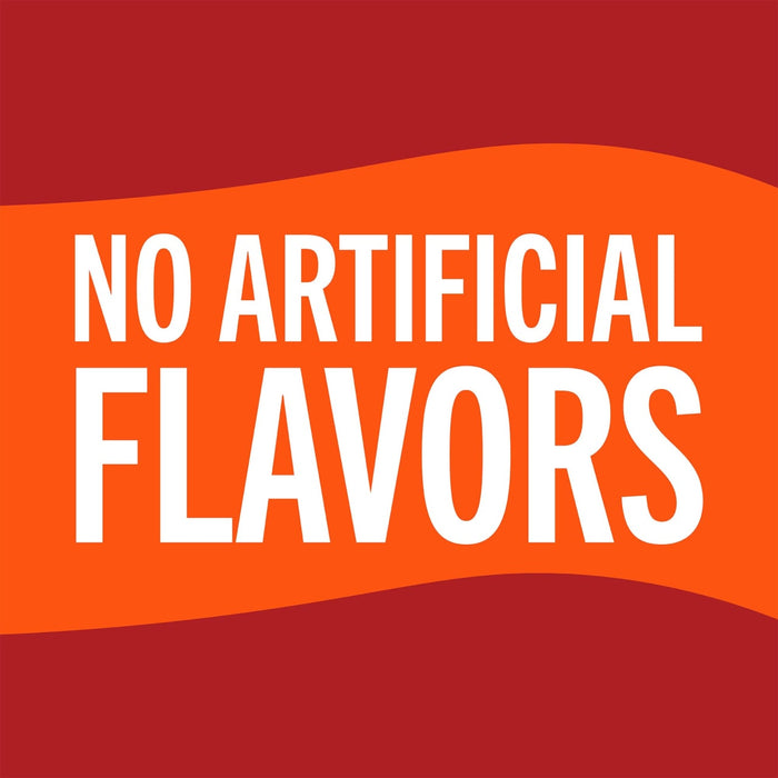 A red and orange banner with the text NO ARTIFICIAL FLAVORS in white.