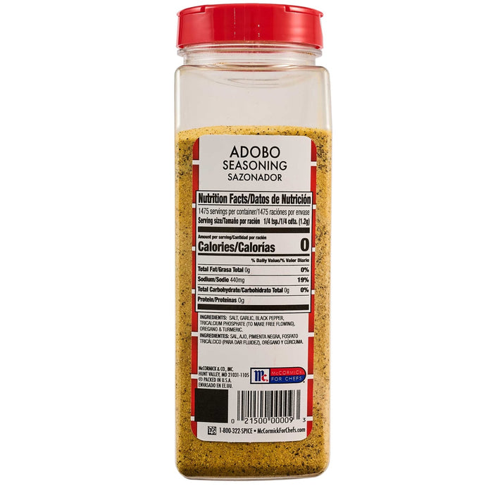 A bottle of Goya Adobo seasoning with its nutrition facts label visible.