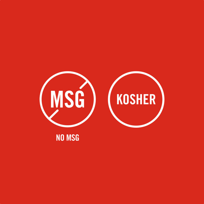 The image shows two circular logos indicating that the product is MSG-free and Kosher.