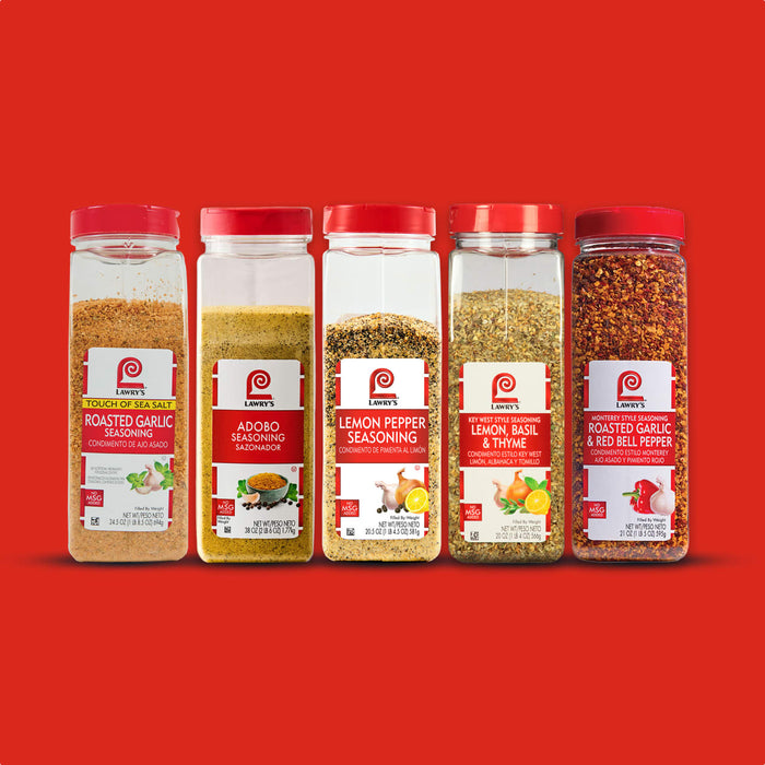 A collection of McCormick spice containers with red lids are displayed against a red background.
