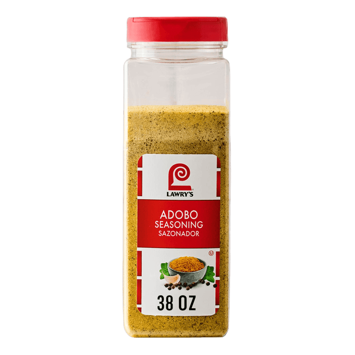 A container of Lawry's Adobo Seasoning, showcasing the product's packaging and branding.