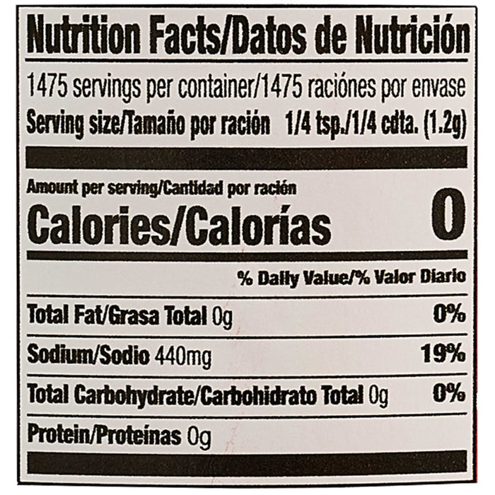 Nutrition facts label showing that a 1/4 teaspoon serving contains 0 calories, 0g of total fat, 440mg of sodium, 0g of total carbohydrate, and 0g of protein.