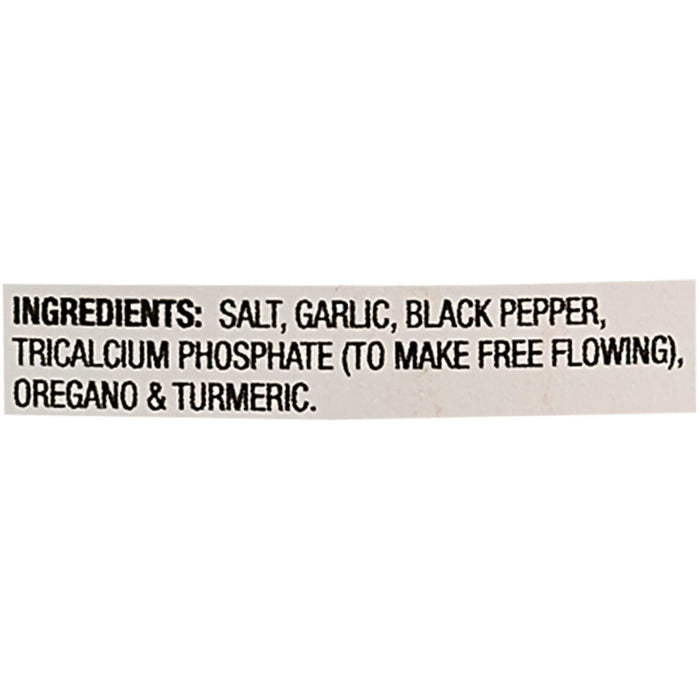 The image shows a list of ingredients including salt, garlic, black pepper, tricalcium phosphate, oregano, and turmeric.