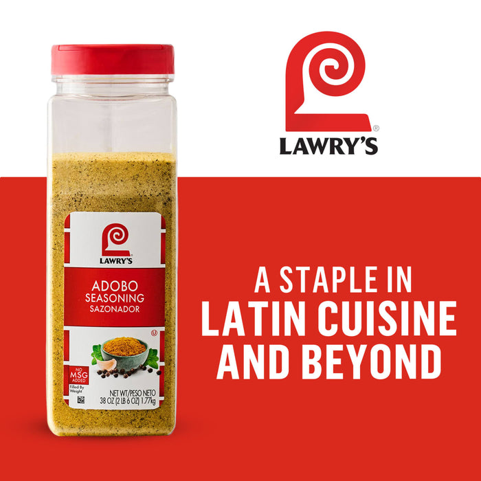 Lawry's Adobo Seasoning, a staple in Latin cuisine and beyond, is shown in its packaging.