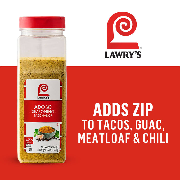 Lawry's Adobo Seasoning is shown with text that says it adds zip to tacos, guacamole, meatloaf and chili.
