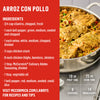 McCormick Arroz Con Pollo recipe ingredients and preparation instructions are displayed next to a pot of the finished dish.