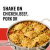A pan of seasoned chicken and rice with the text Shake on chicken, beef, pork or.