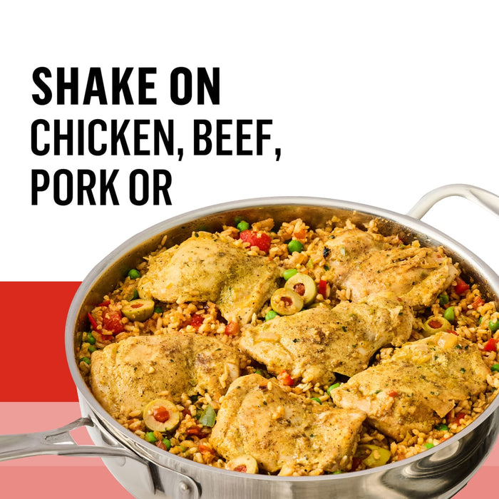 A pan of seasoned chicken and rice with the text Shake on chicken, beef, pork or.