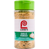 ["A container of Lawry's Garlic Powder, a coarse ground garlic with parsley."]