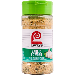 ["A container of Lawry's Garlic Powder, a coarse ground garlic with parsley."]